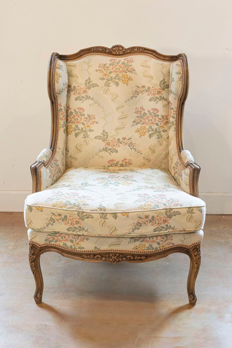 Pair of French Louis XV Style Bergères À Oreilles with Carved Floral Décor - JAA