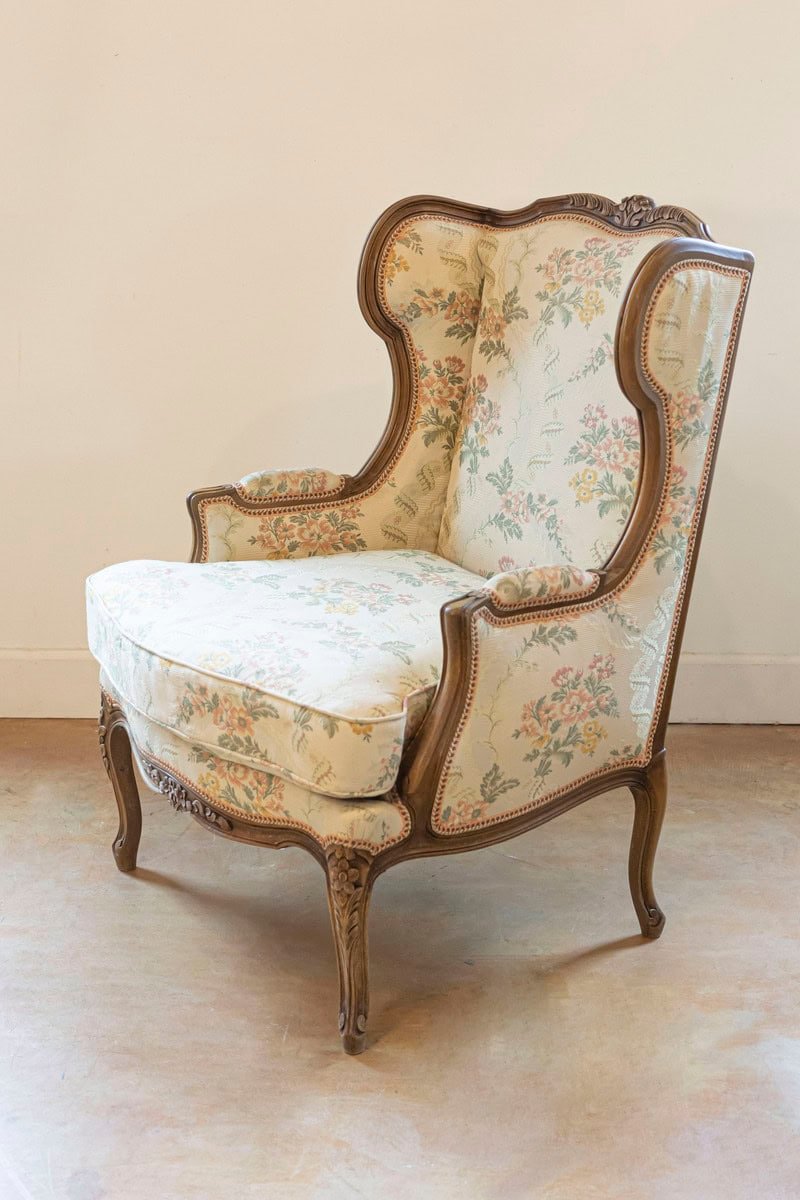 Pair of French Louis XV Style Bergères À Oreilles with Carved Floral Décor - JAA