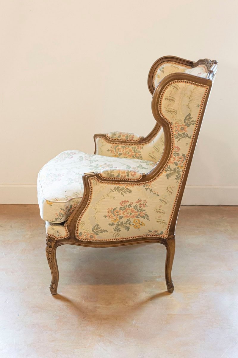 Pair of French Louis XV Style Bergères À Oreilles with Carved Floral Décor - JAA