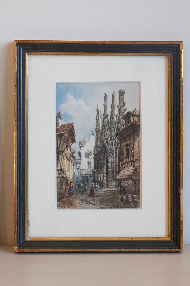 Pair of Framed Watercolors Depicting Gothic Churches by Théodore Henri Mansson - JAA