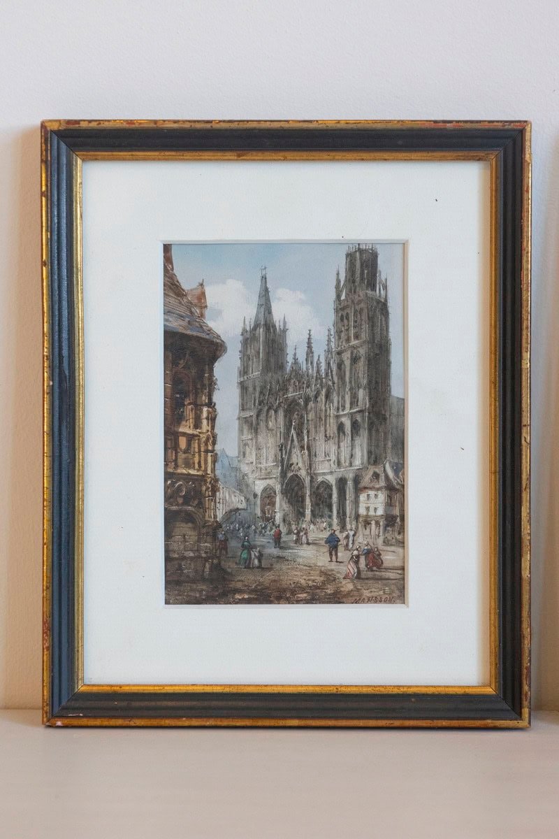 Pair of Framed Watercolors Depicting Gothic Churches by Théodore Henri Mansson - JAA