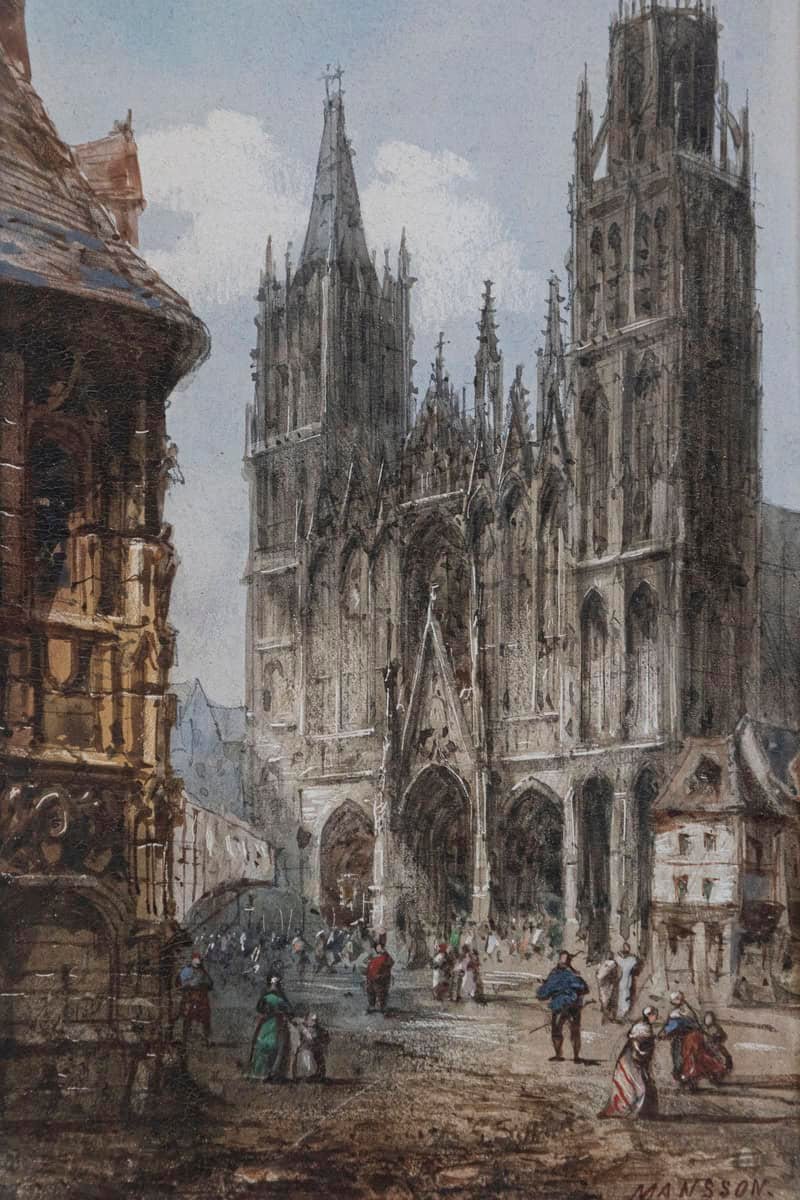 Pair of Framed Watercolors Depicting Gothic Churches by Théodore Henri Mansson - JAA