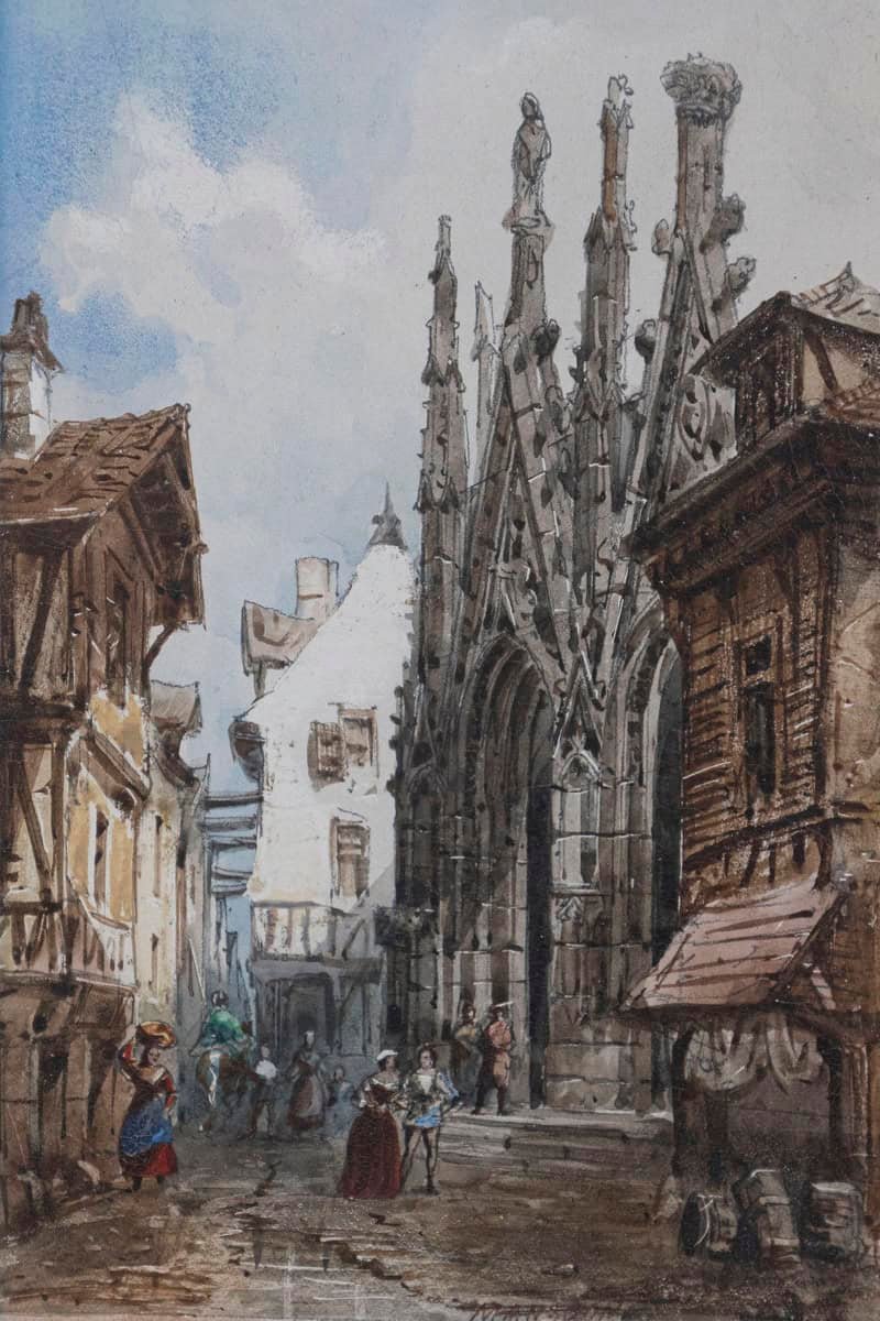 Pair of Framed Watercolors Depicting Gothic Churches by Théodore Henri Mansson - JAA