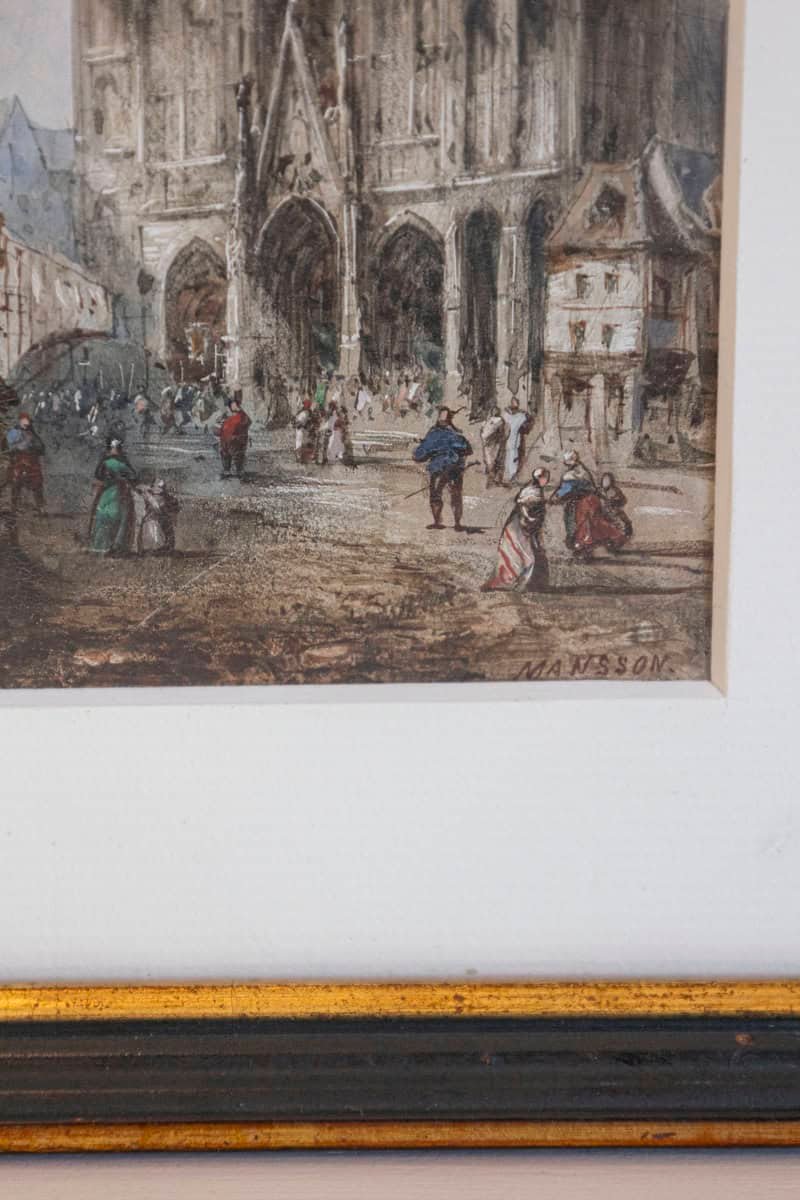 Pair of Framed Watercolors Depicting Gothic Churches by Théodore Henri Mansson - JAA