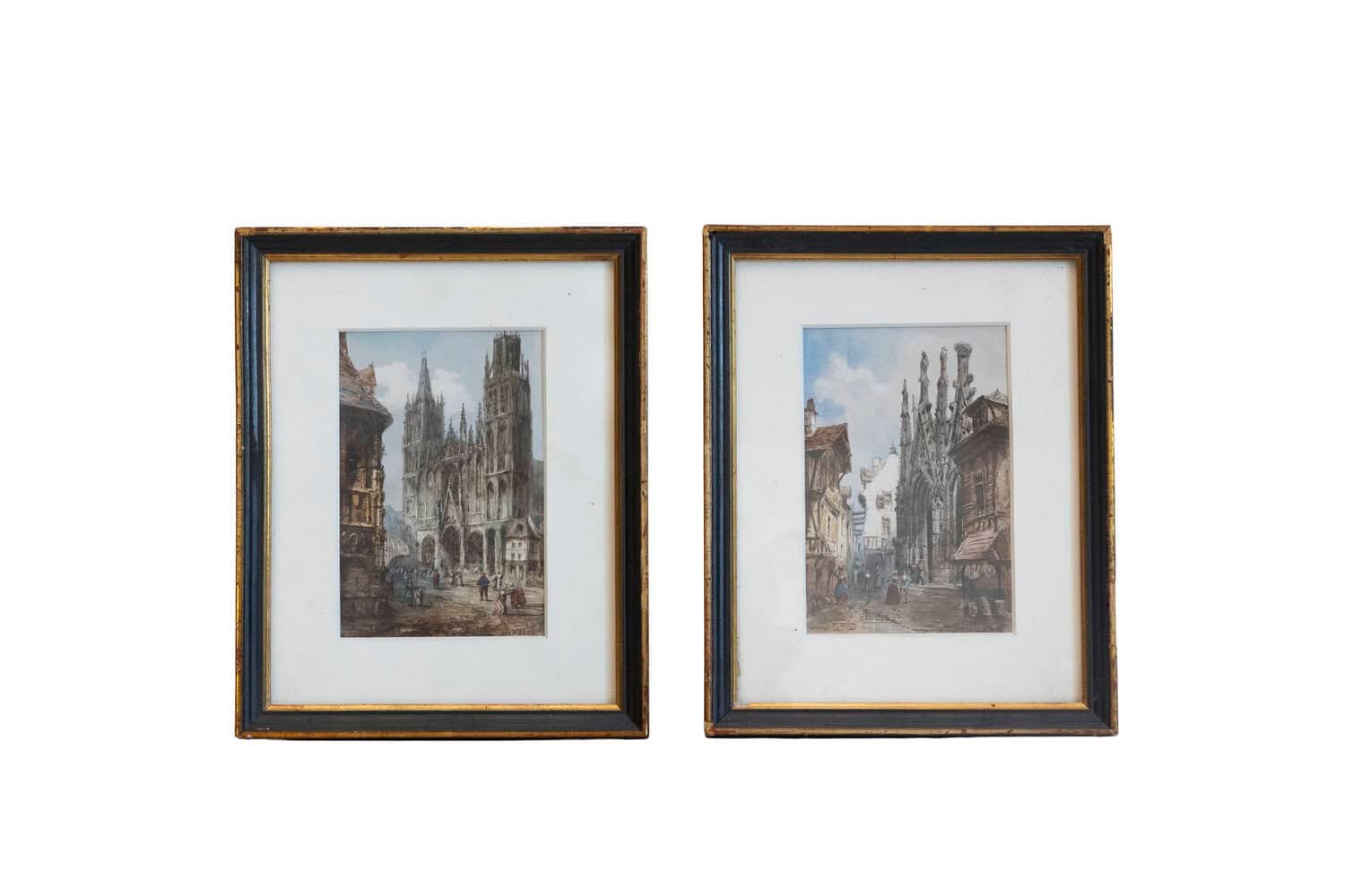 Pair of Framed Watercolors Depicting Gothic Churches by Théodore Henri Mansson - JAA