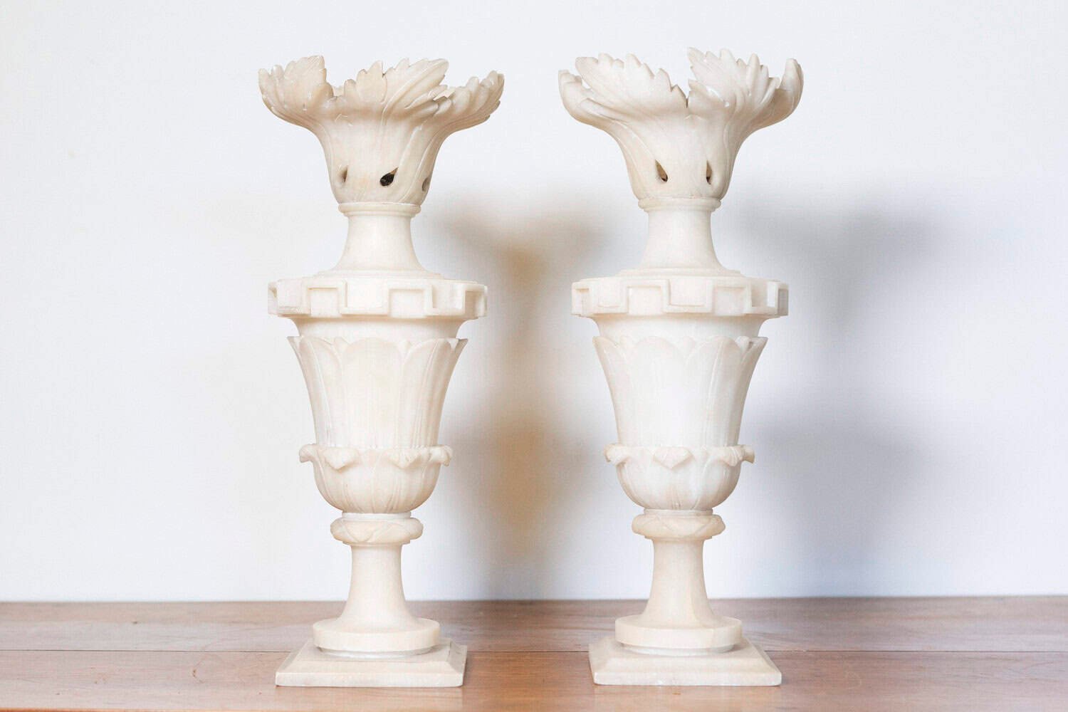 French 20th Century Pair of Alabaster Vases with Sculpted Floral Motifs - JAA