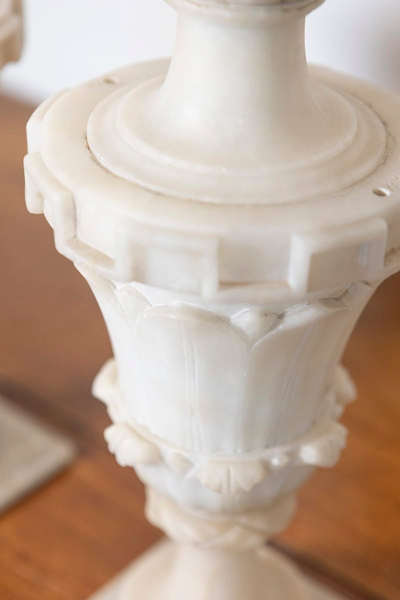 French 20th Century Pair of Alabaster Vases with Sculpted Floral Motifs - JAA