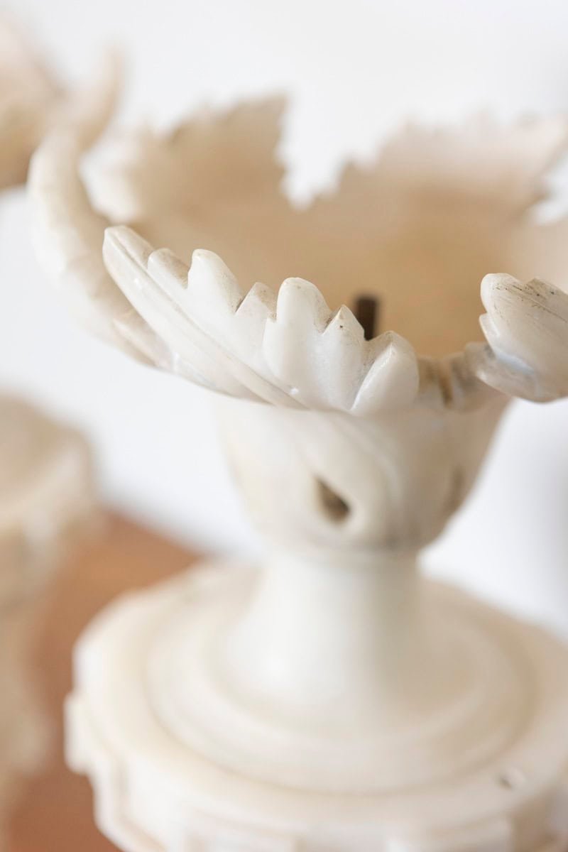 French 20th Century Pair of Alabaster Vases with Sculpted Floral Motifs - JAA