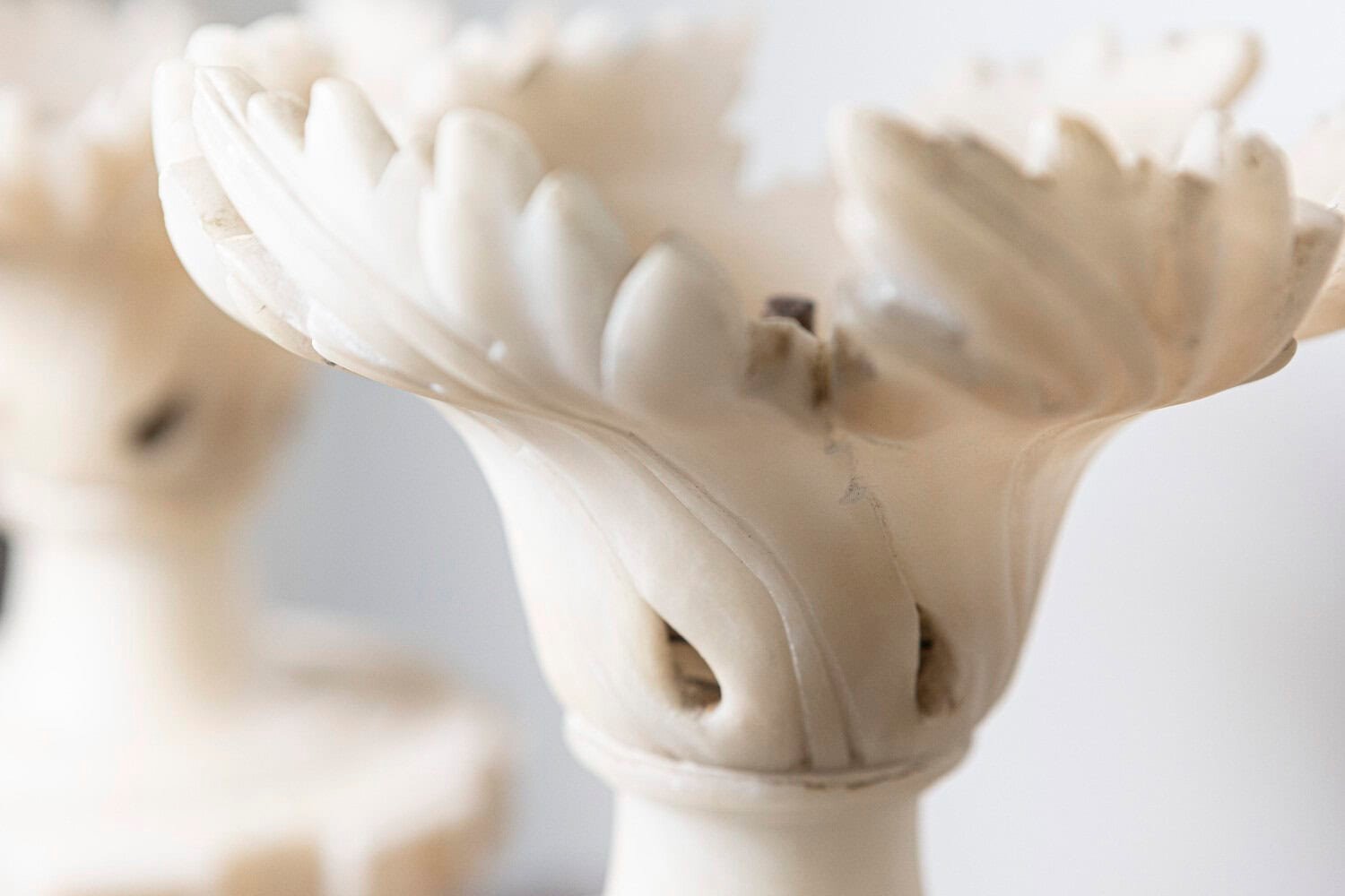 French 20th Century Pair of Alabaster Vases with Sculpted Floral Motifs - JAA