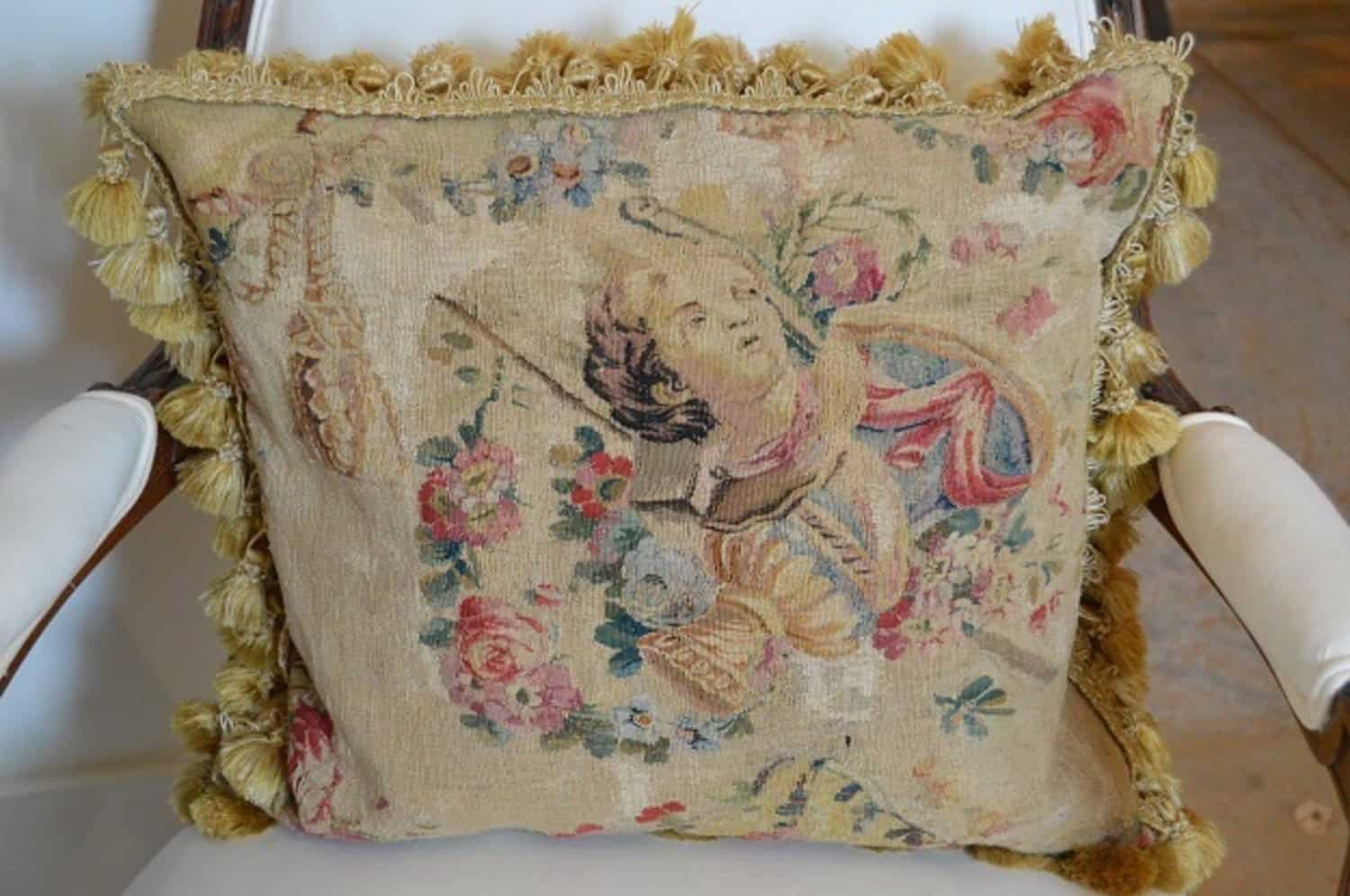 French Early 19th Century Silk and Angora Aubusson Tapestry Pillow with Bust - JAA