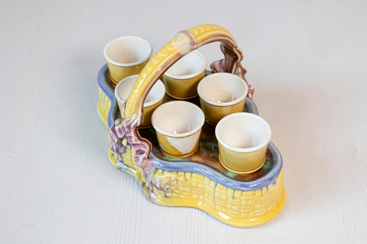 French 19th Century Majolica Porcelain Yellow Glazed Basket with Six Egg Cups - JAA