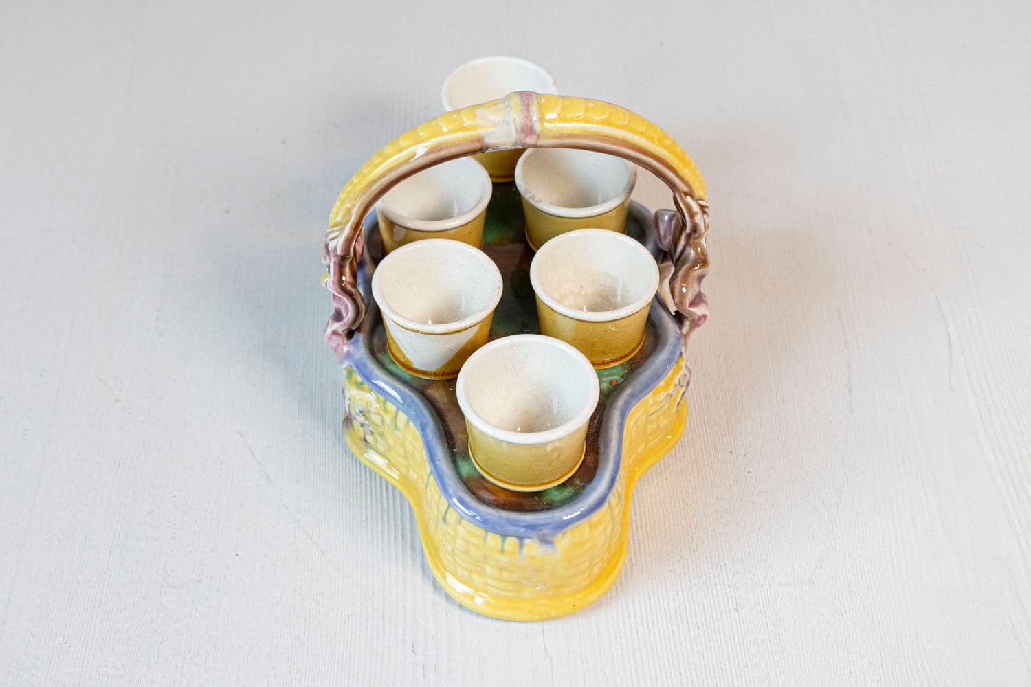 French 19th Century Majolica Porcelain Yellow Glazed Basket with Six Egg Cups - JAA