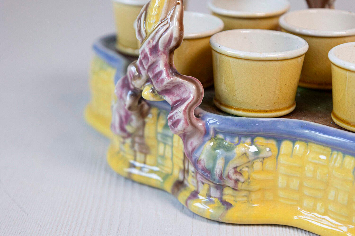 French 19th Century Majolica Porcelain Yellow Glazed Basket with Six Egg Cups - JAA