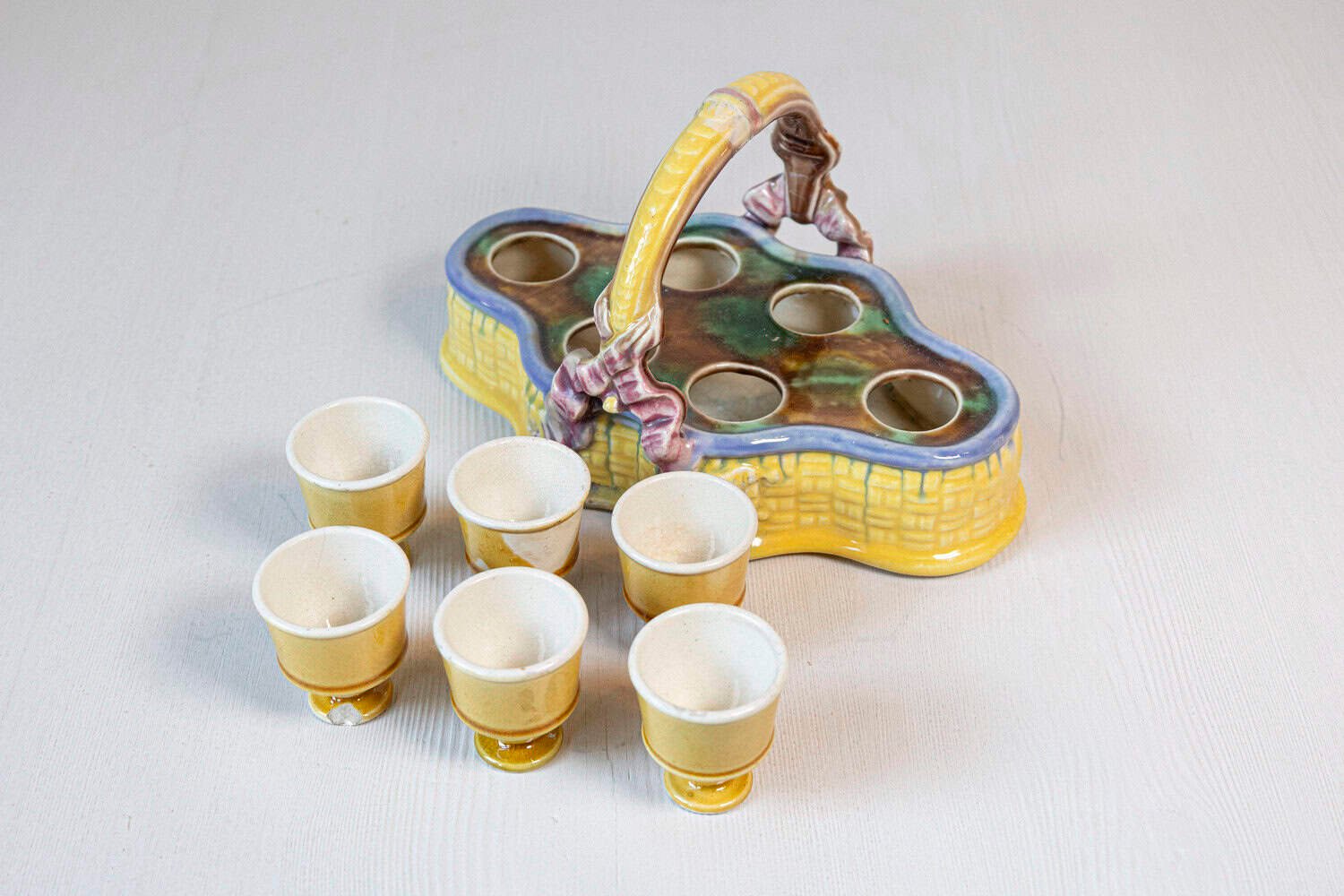 French 19th Century Majolica Porcelain Yellow Glazed Basket with Six Egg Cups - JAA