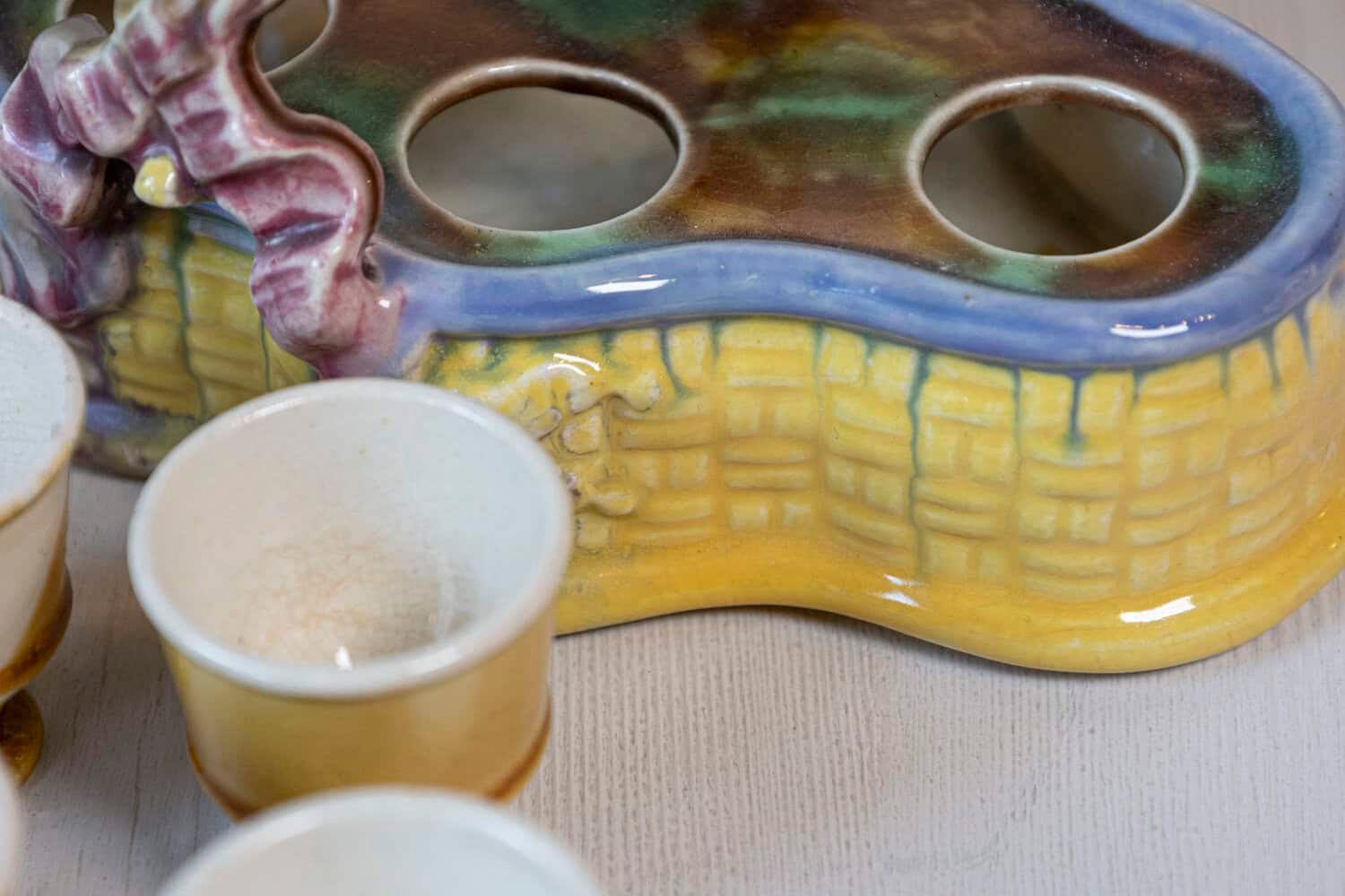 French 19th Century Majolica Porcelain Yellow Glazed Basket with Six Egg Cups - JAA