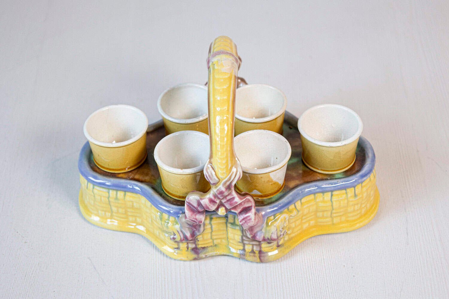 French 19th Century Majolica Porcelain Yellow Glazed Basket with Six Egg Cups - JAA