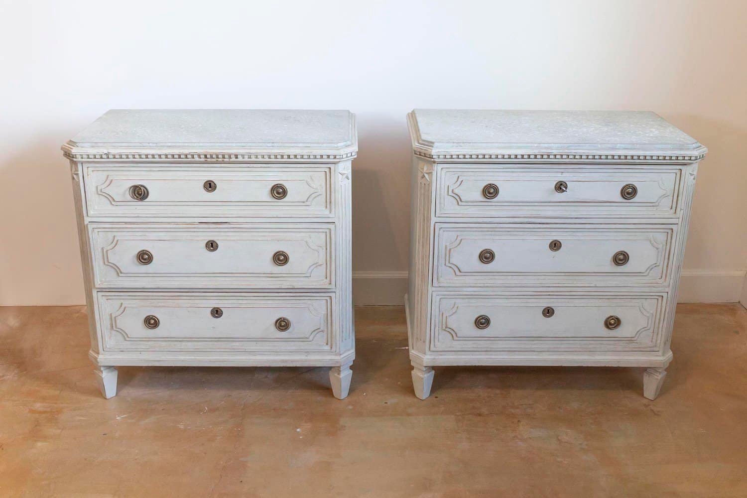 Pair of Swedish Gustavian Style 1890s Painted Chests with Carved Stars - JAA