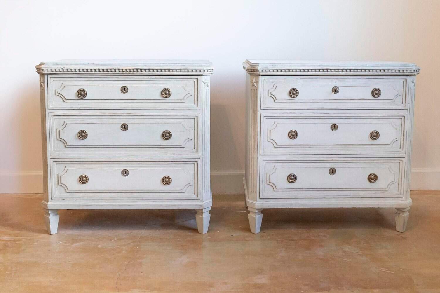 Pair of Swedish Gustavian Style 1890s Painted Chests with Carved Stars - JAA