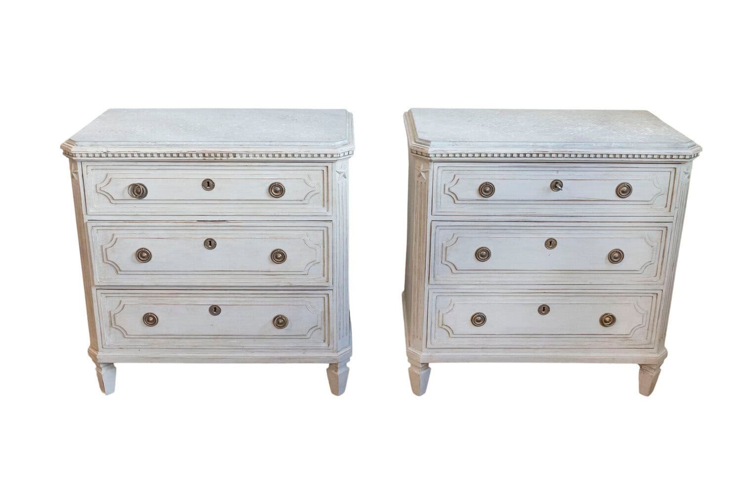 Pair of Swedish Gustavian Style 1890s Painted Chests with Carved Stars