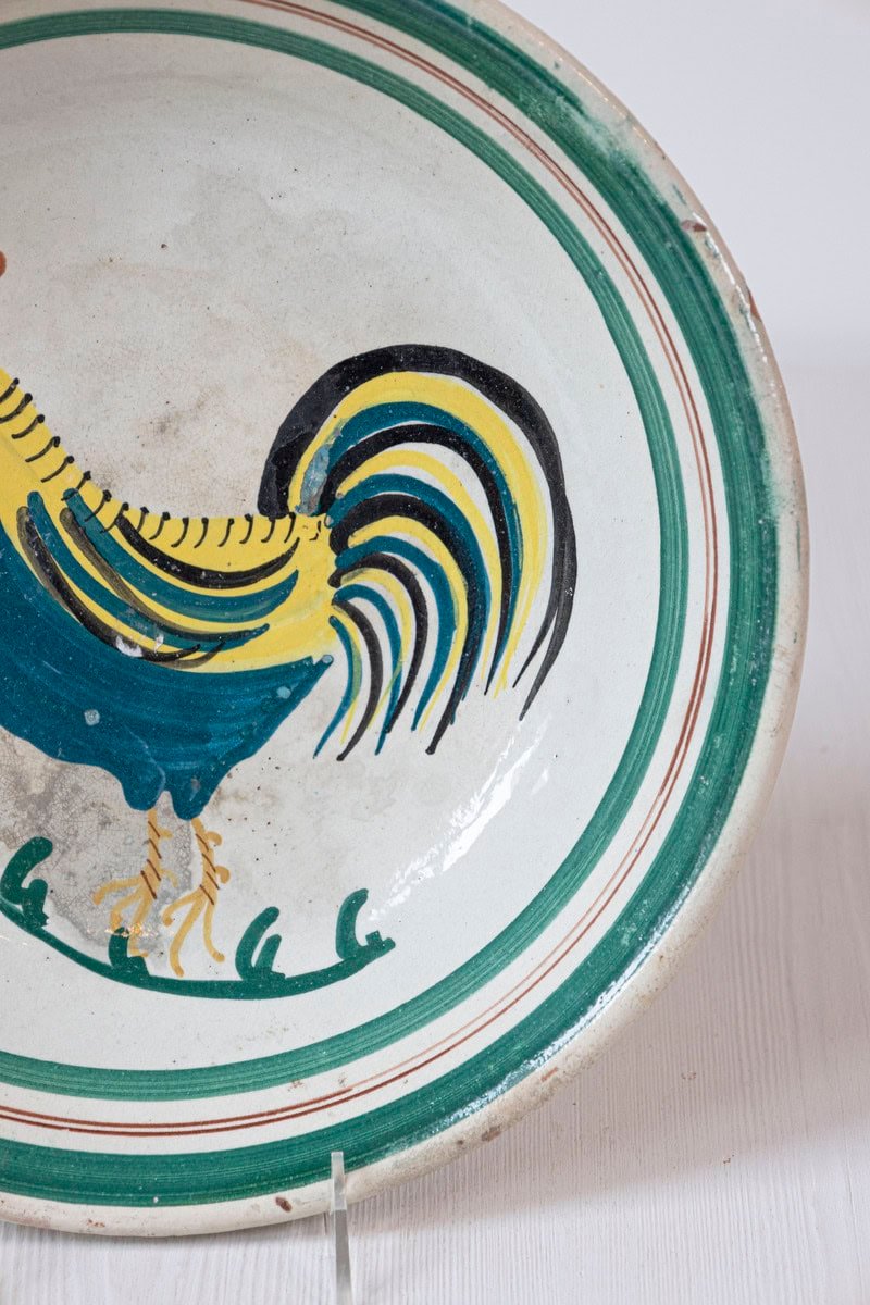 Italian Early 20th Century Pottery Bowl with Rooster Motif and Green Border - JAA