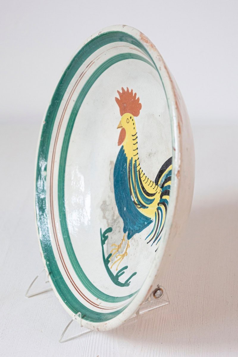 Italian Early 20th Century Pottery Bowl with Rooster Motif and Green Border - JAA