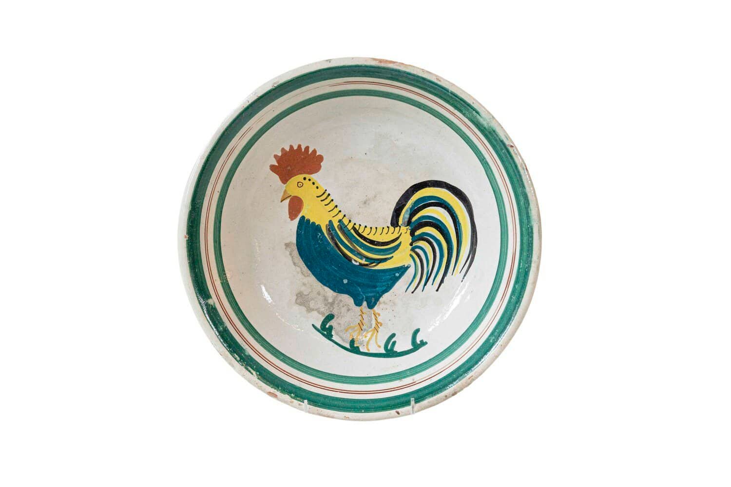 Italian Early 20th Century Pottery Bowl with Rooster Motif and Green Border - JAA