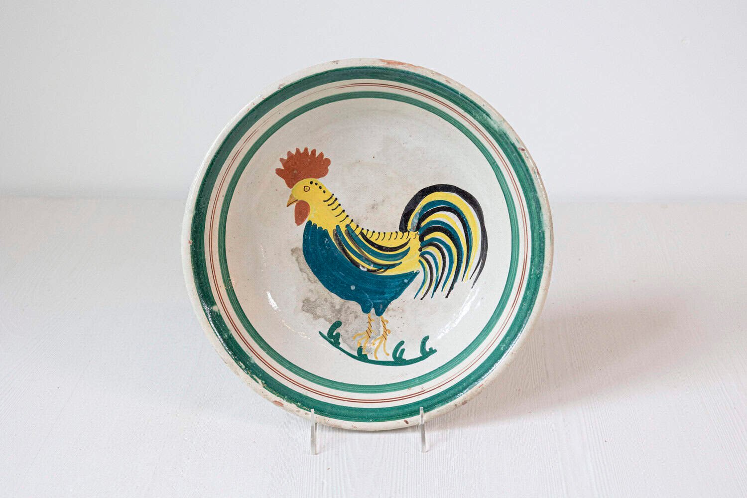 Italian Early 20th Century Pottery Bowl with Rooster Motif and Green Border - JAA
