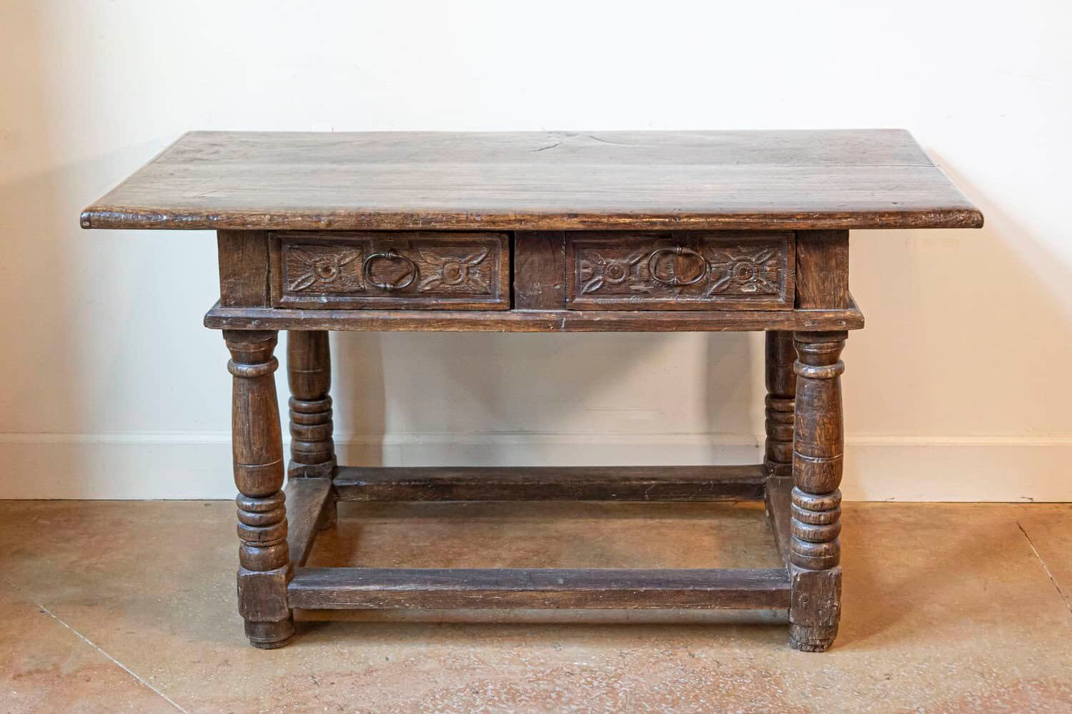 French 1750s Walnut Library Table with Carved Drawers and Original Hardware - JAA