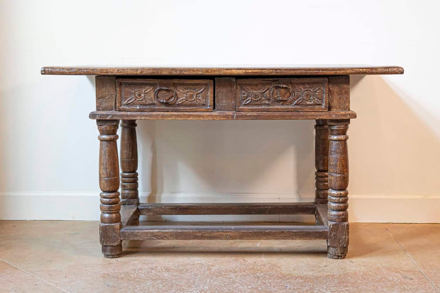 French 1750s Walnut Library Table with Carved Drawers and Original Hardware - JAA