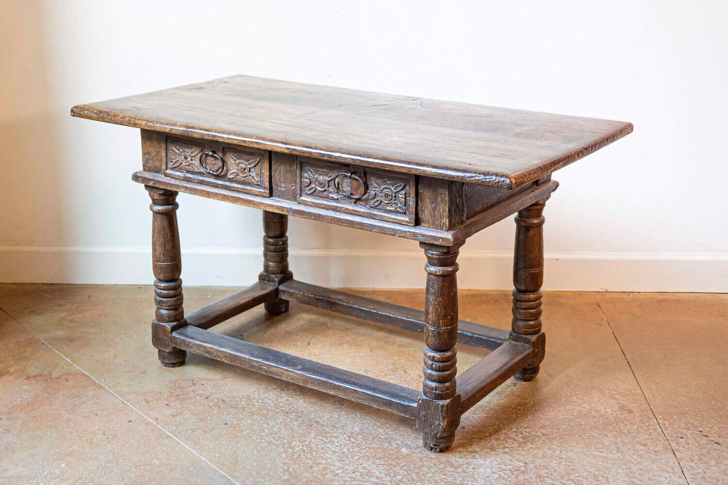French 1750s Walnut Library Table with Carved Drawers and Original Hardware - JAA