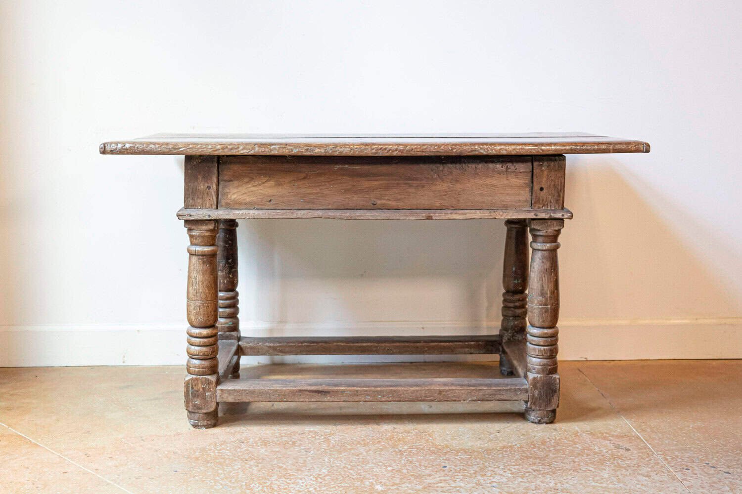 French 1750s Walnut Library Table with Carved Drawers and Original Hardware - JAA
