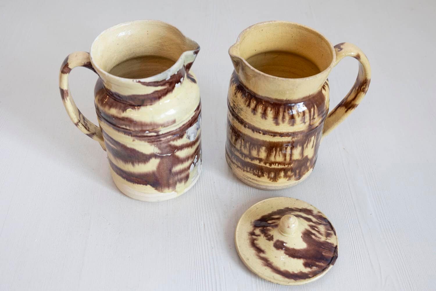 French 19th Century Pottery Pitcher with Cream and Brown Glaze with Dripping - JAA