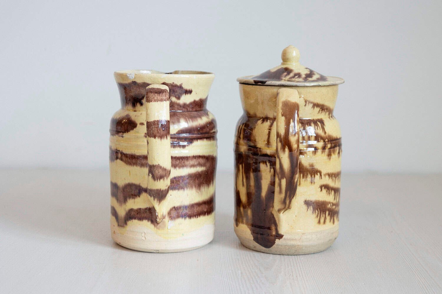 French 19th Century Pottery Pitcher with Cream and Brown Glaze with Dripping - JAA