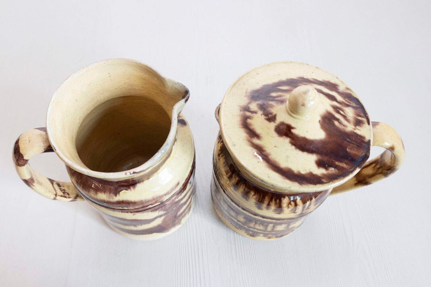 French 19th Century Pottery Pitcher with Cream and Brown Glaze with Dripping - JAA