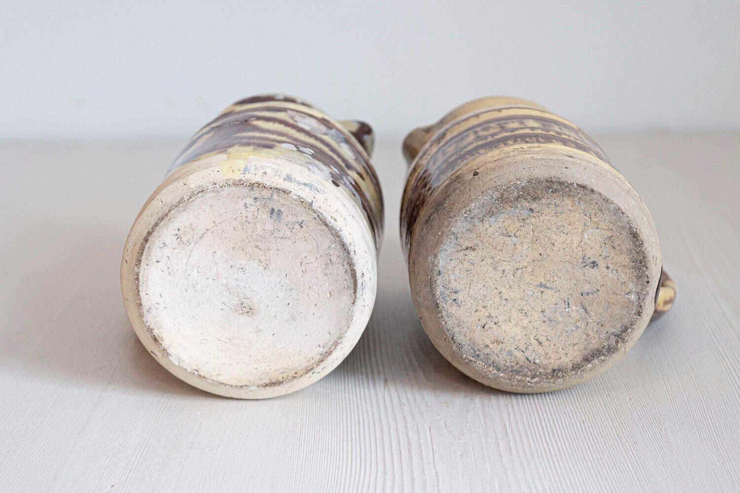 French 19th Century Pottery Pitcher with Cream and Brown Glaze with Dripping - JAA