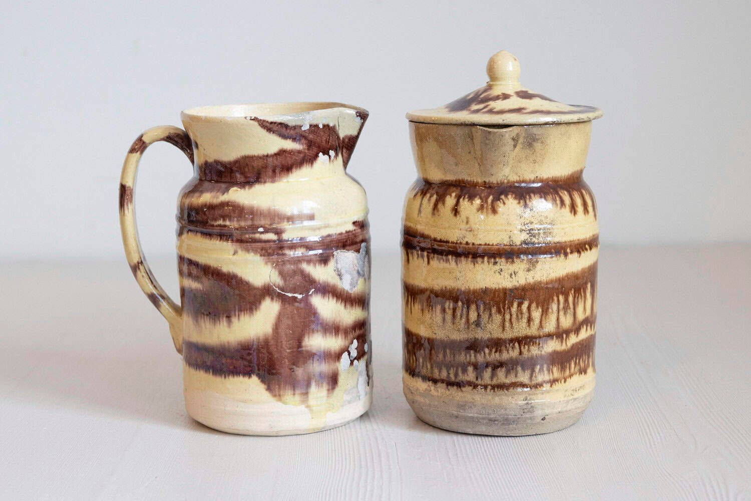 French 19th Century Pottery Pitcher with Cream and Brown Glaze with Dripping - JAA