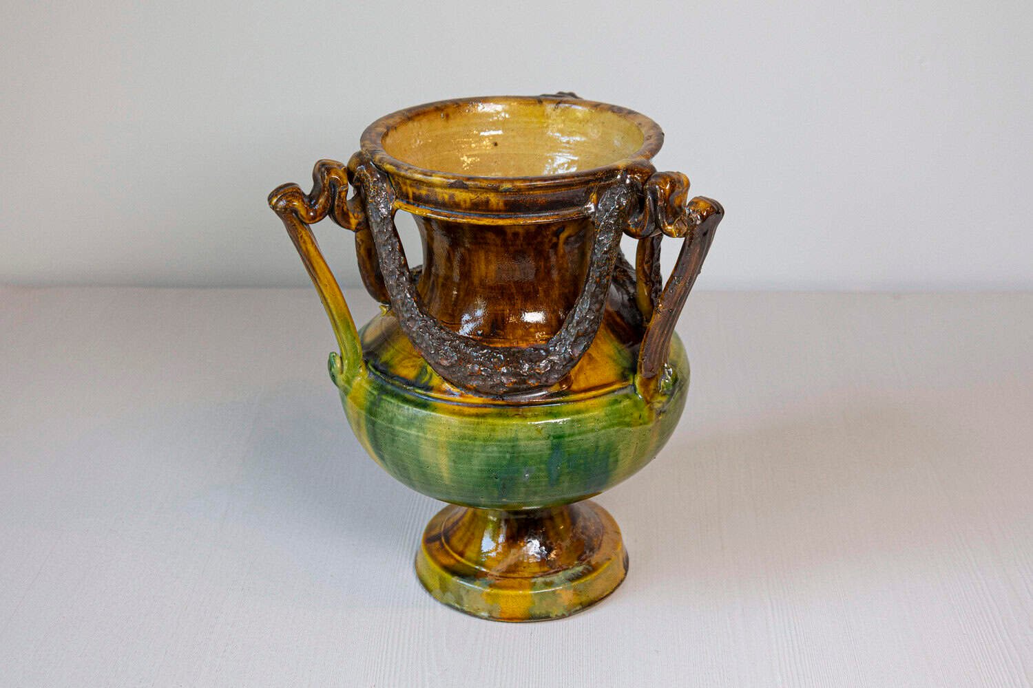 French Classical 19th Century Anduze Multi-Colored Glazed Vase with Swag Motifs - JAA