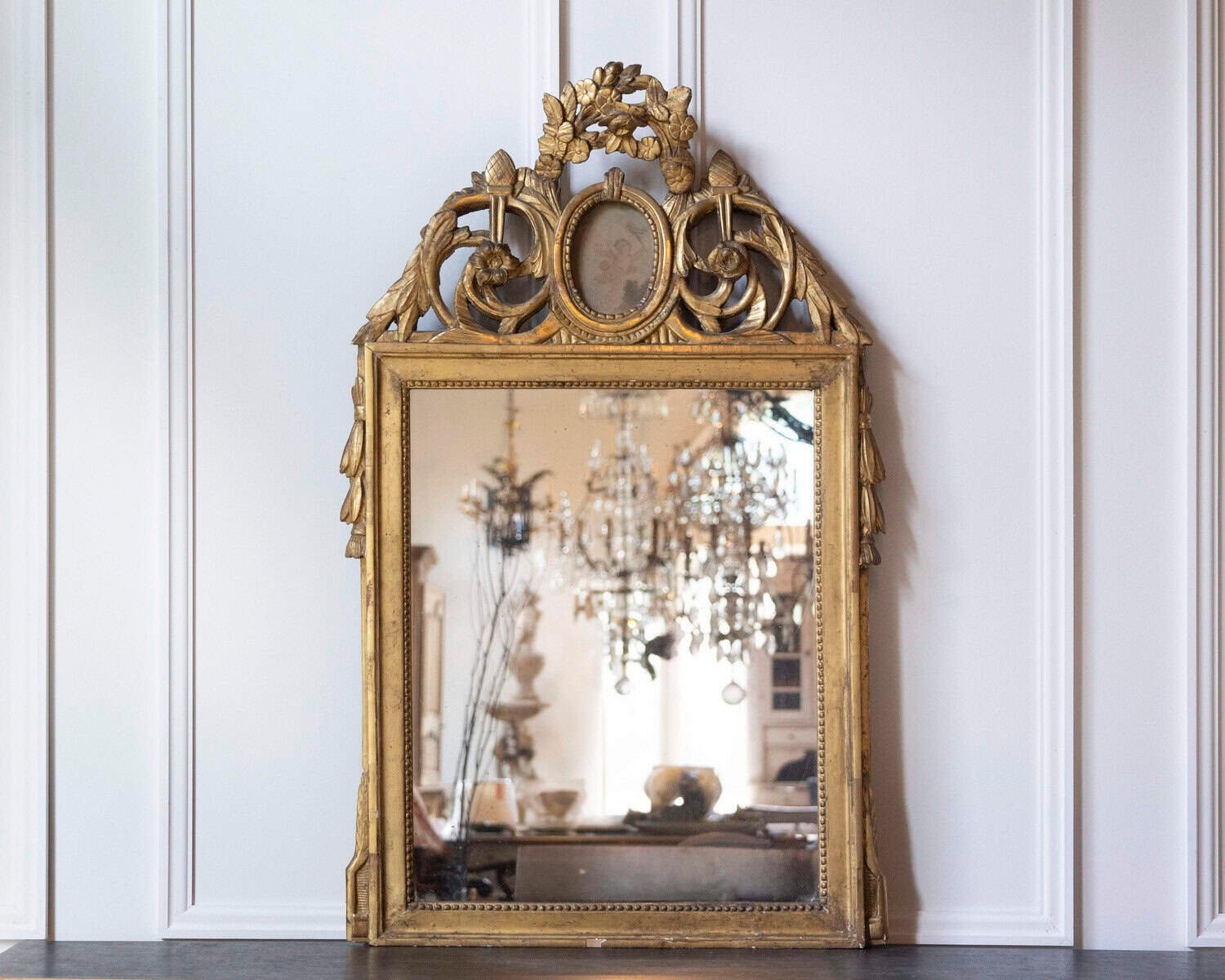 French 18th Century Louis XVI Giltwood Mirror with Cherub Medallion - JAA
