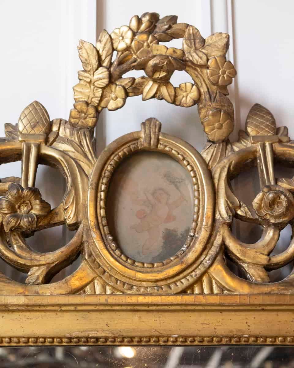 French 18th Century Louis XVI Giltwood Mirror with Cherub Medallion - JAA