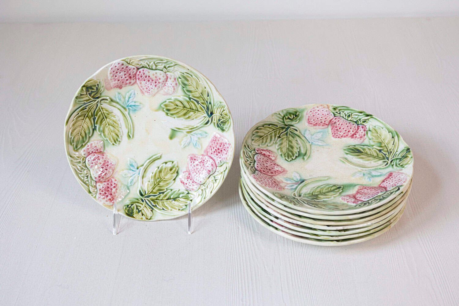 French 19th Century Majolica Plates with Raised Decor of Strawberries and Leaves - JAA