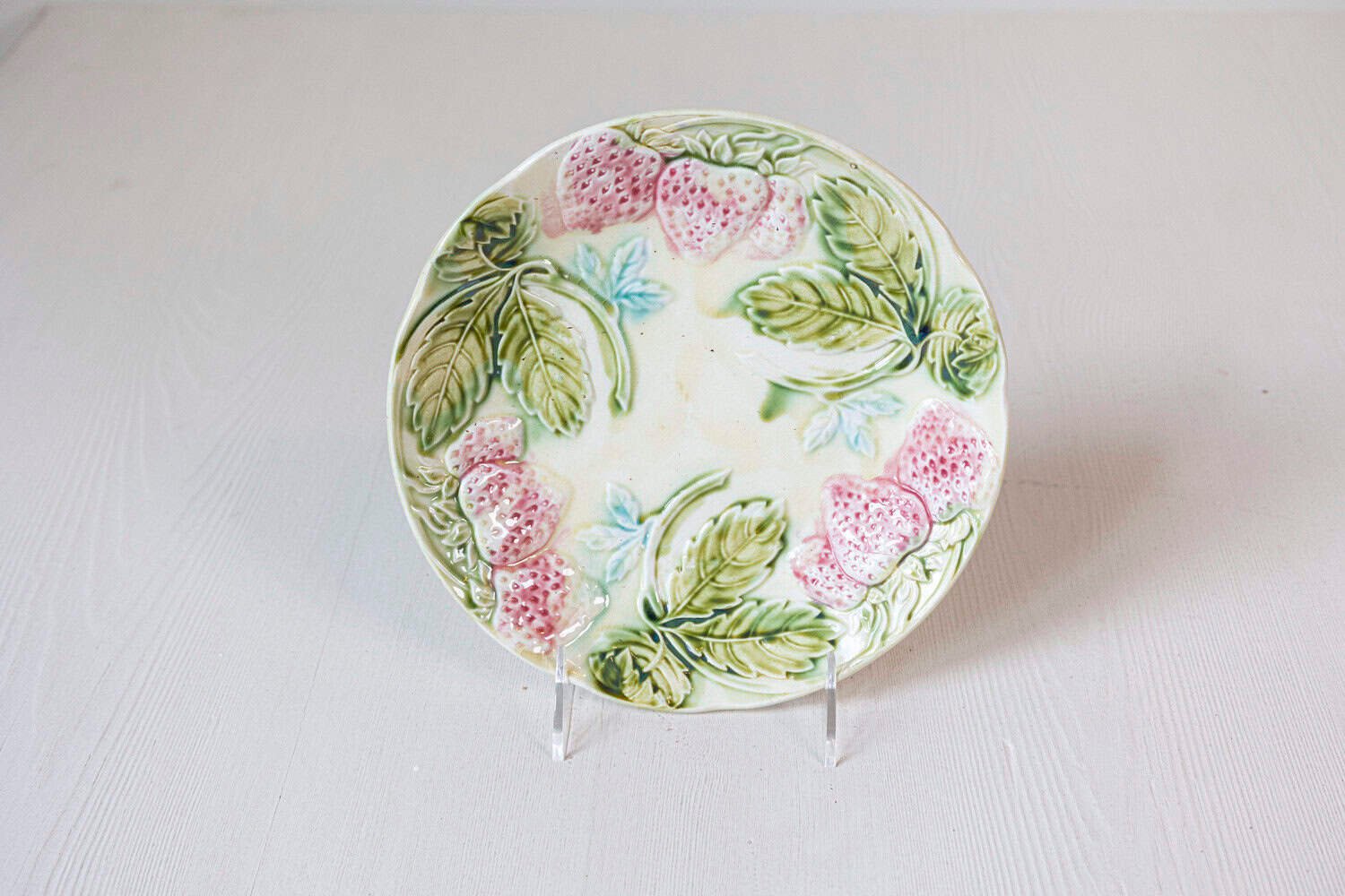 French 19th Century Majolica Plates with Raised Decor of Strawberries and Leaves - JAA