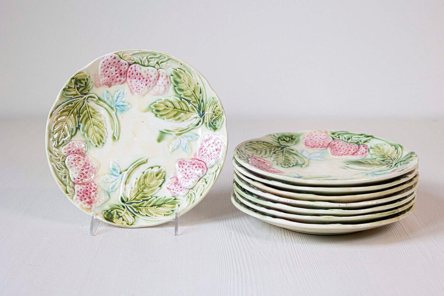 French 19th Century Majolica Plates with Raised Decor of Strawberries and Leaves - JAA