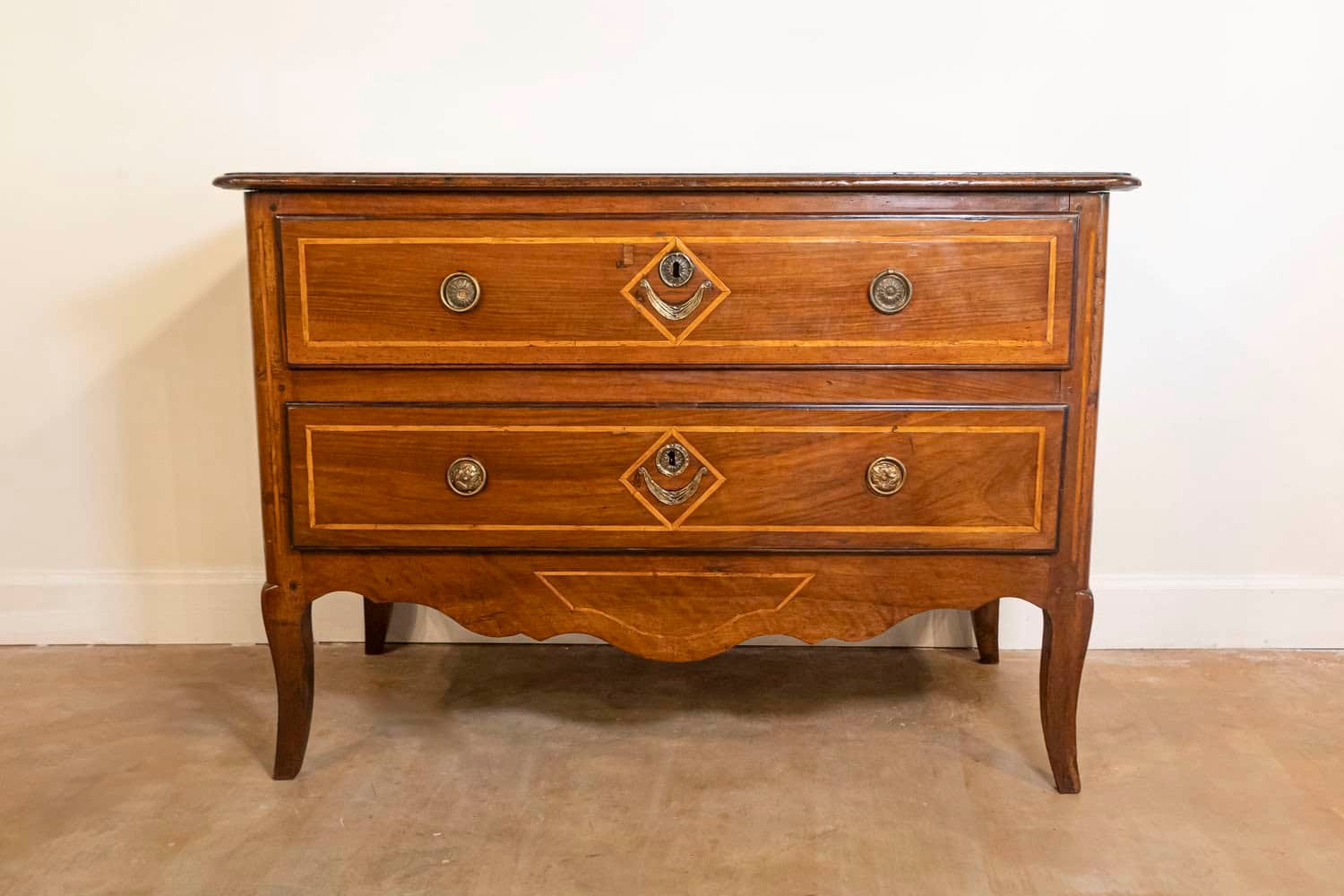 French Directoire Two-Drawer Walnut Commode with Banded Inlay from Provence - JAA