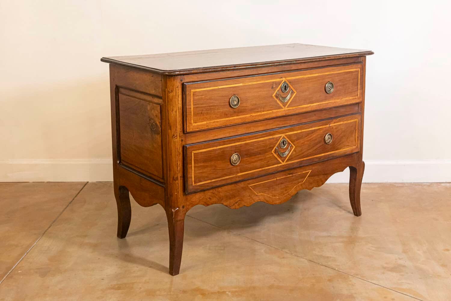 French Directoire Two-Drawer Walnut Commode with Banded Inlay from Provence - JAA