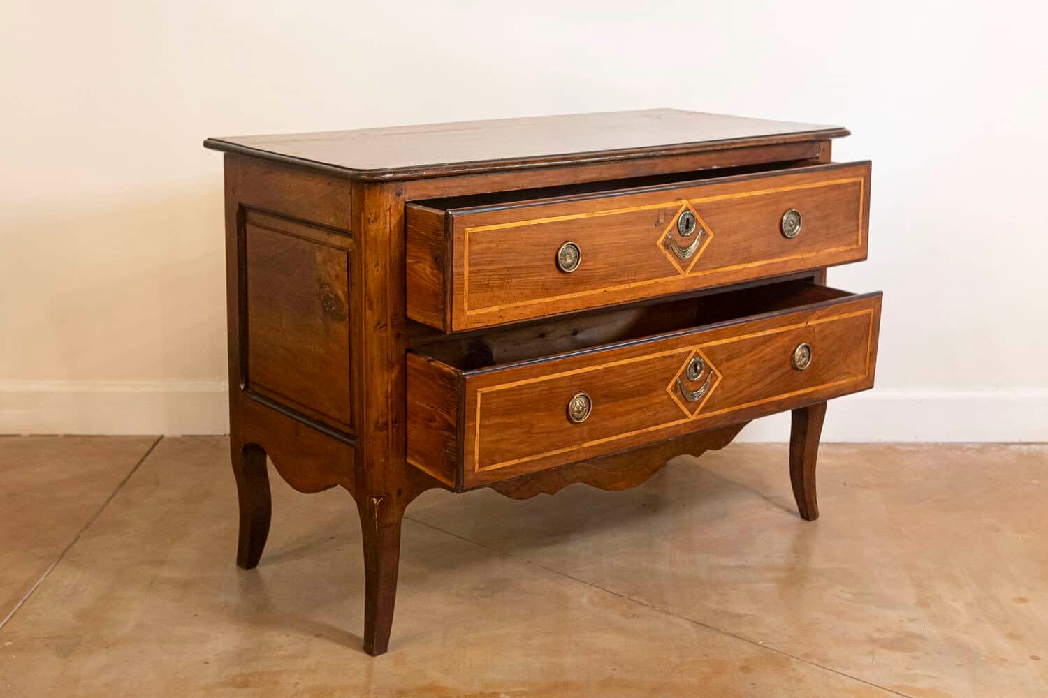 French Directoire Two-Drawer Walnut Commode with Banded Inlay from Provence - JAA