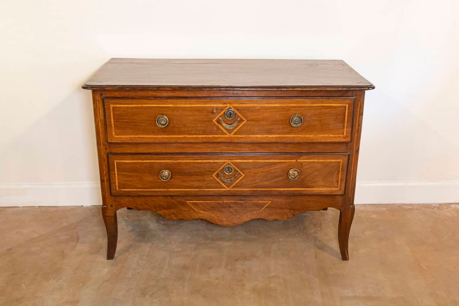 French Directoire Two-Drawer Walnut Commode with Banded Inlay from Provence - JAA