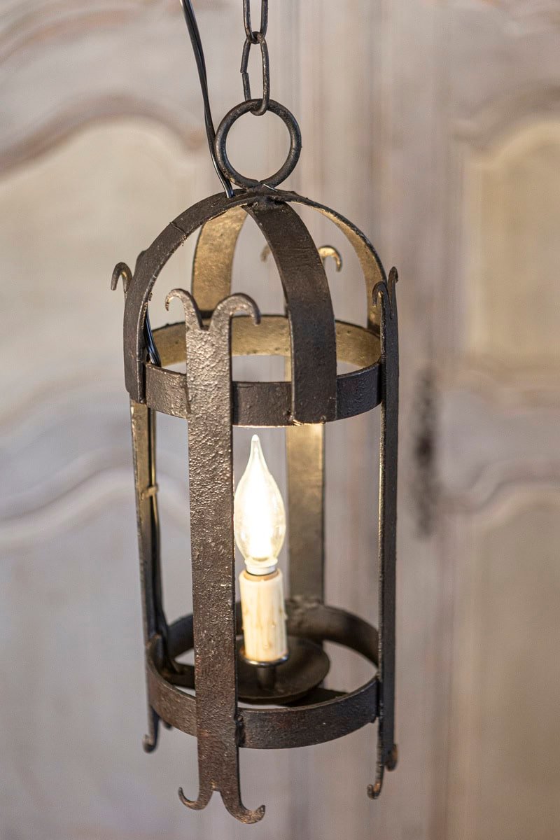 Pair of French Wrought-Iron Single Light Cylindrical Lanterns, Wired for the USA - JAA