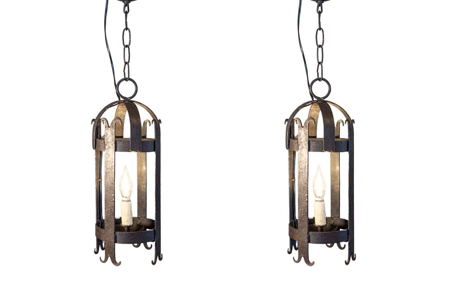 Pair of French Wrought-Iron Single Light Cylindrical Lanterns, Wired for the USA