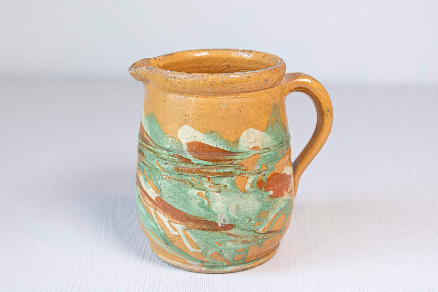 19th Century French Jaspe Pottery Pitcher with Yellow Glaze and Green Accents - JAA