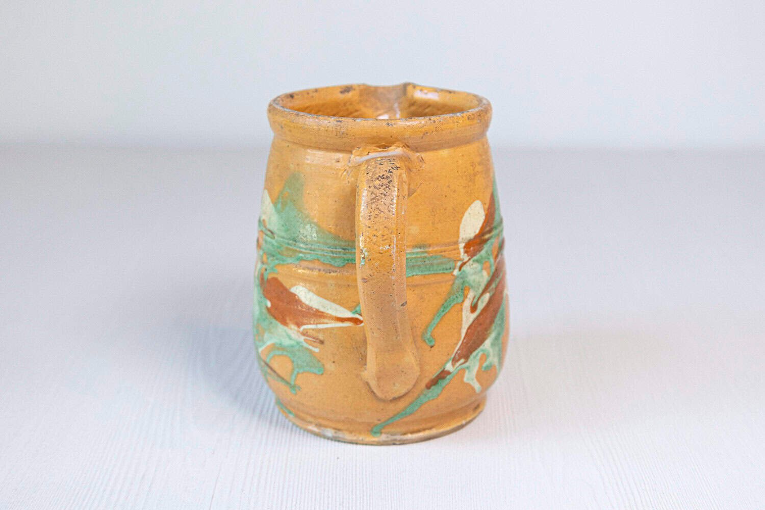 19th Century French Jaspe Pottery Pitcher with Yellow Glaze and Green Accents - JAA